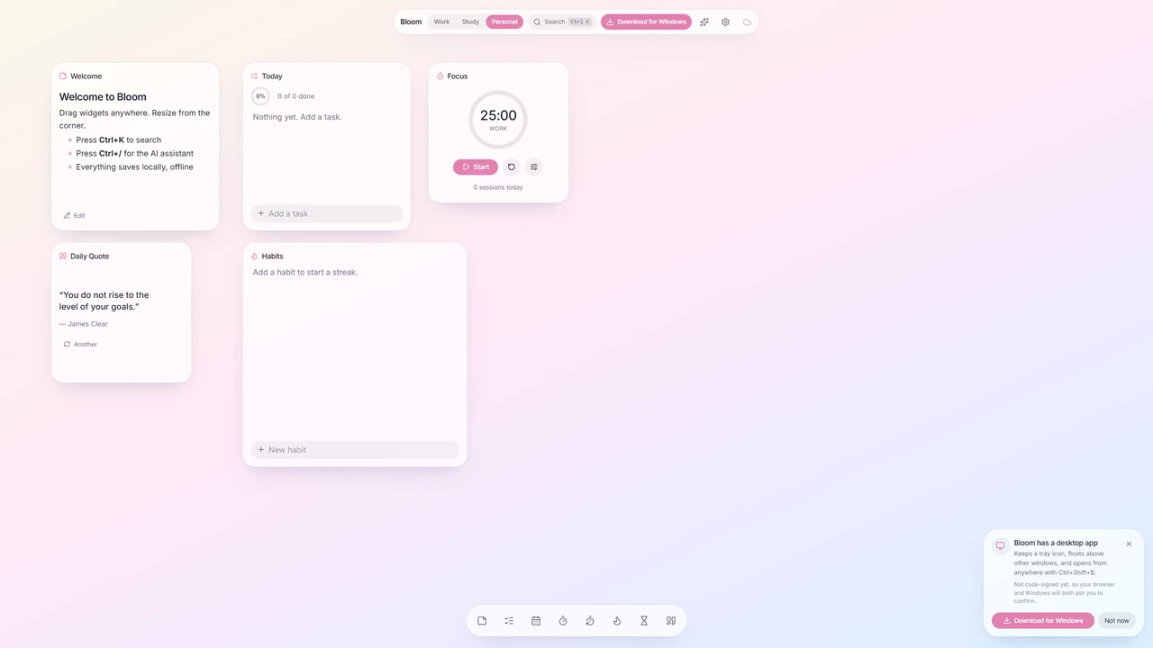 Bloom workspace with welcome, today, focus timer, daily goals and habits widgets
