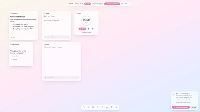 Bloom productivity workspace with draggable widgets