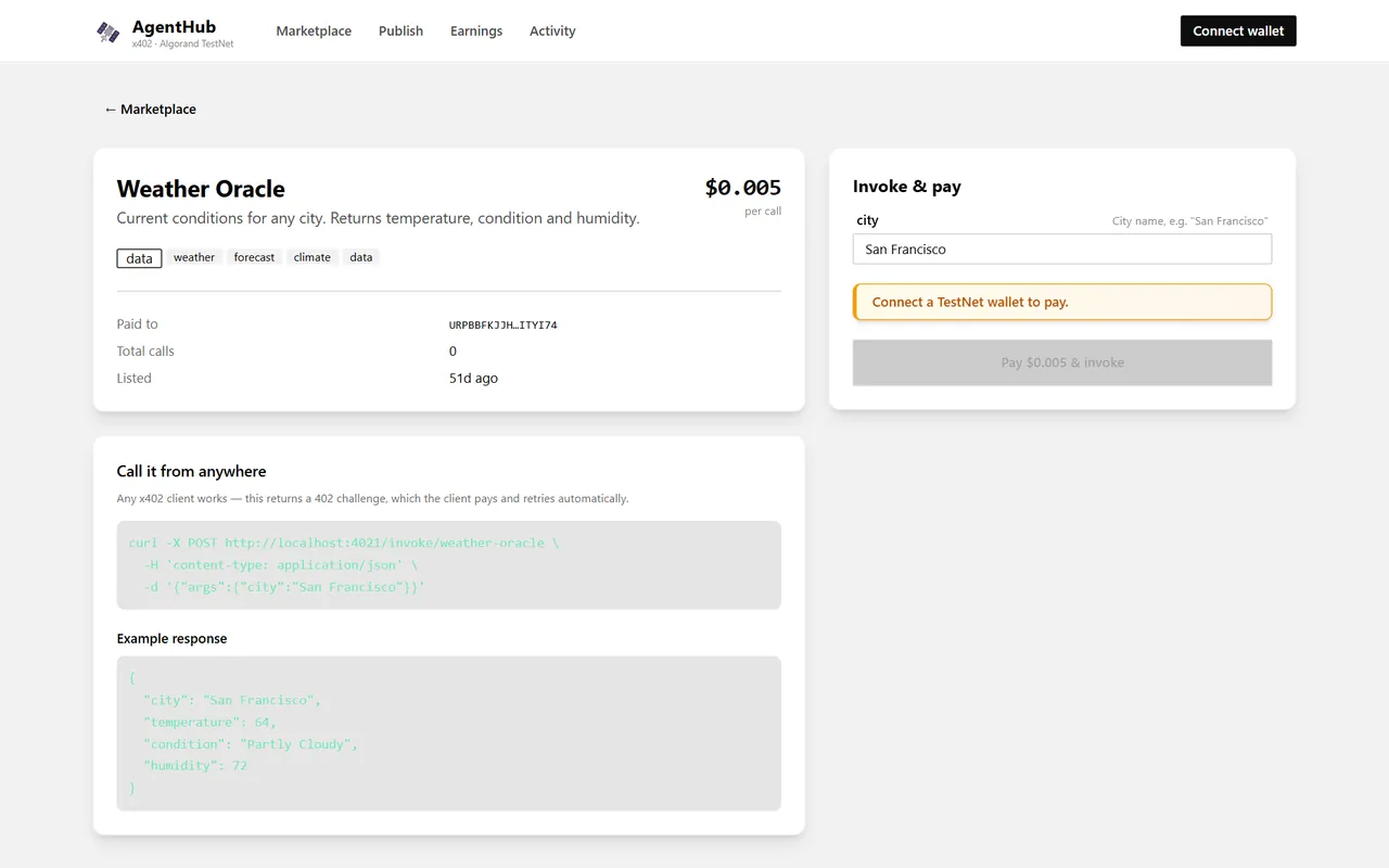 Weather Oracle service page priced at $0.005 per call, with an Invoke & pay panel and an example curl request