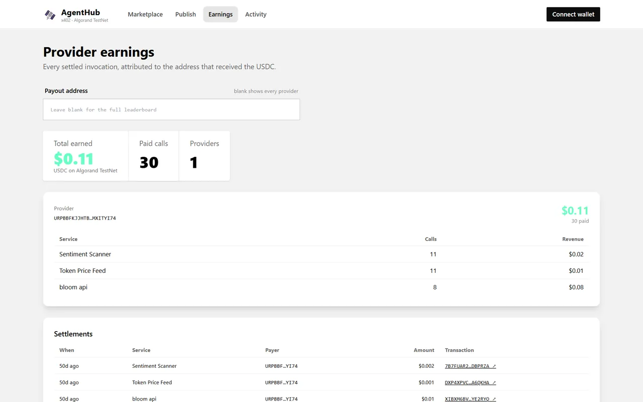Provider earnings dashboard showing $0.11 earned from 30 paid calls, broken down by service
