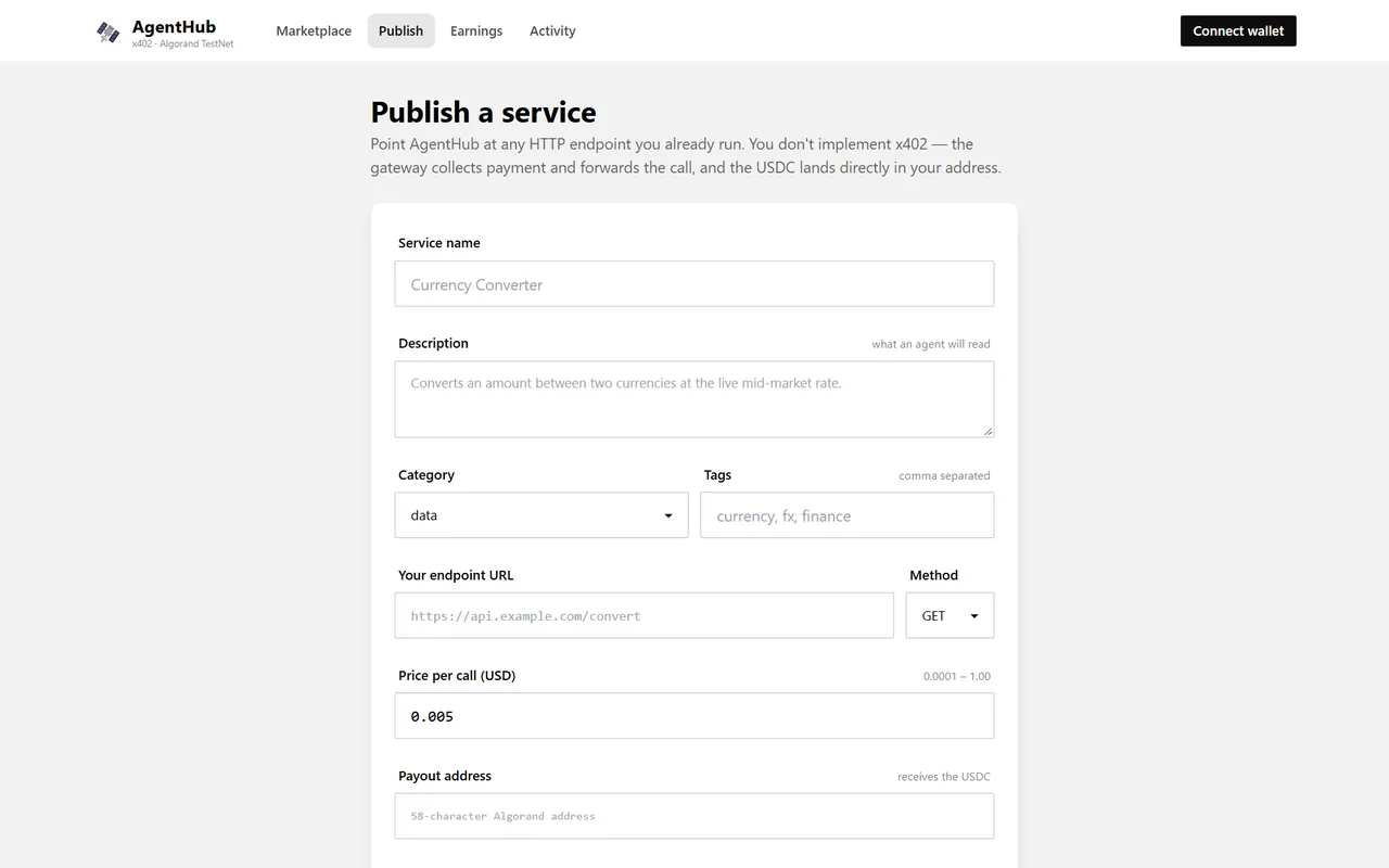 Publish form with service name, description, category, tags, endpoint URL and price per call