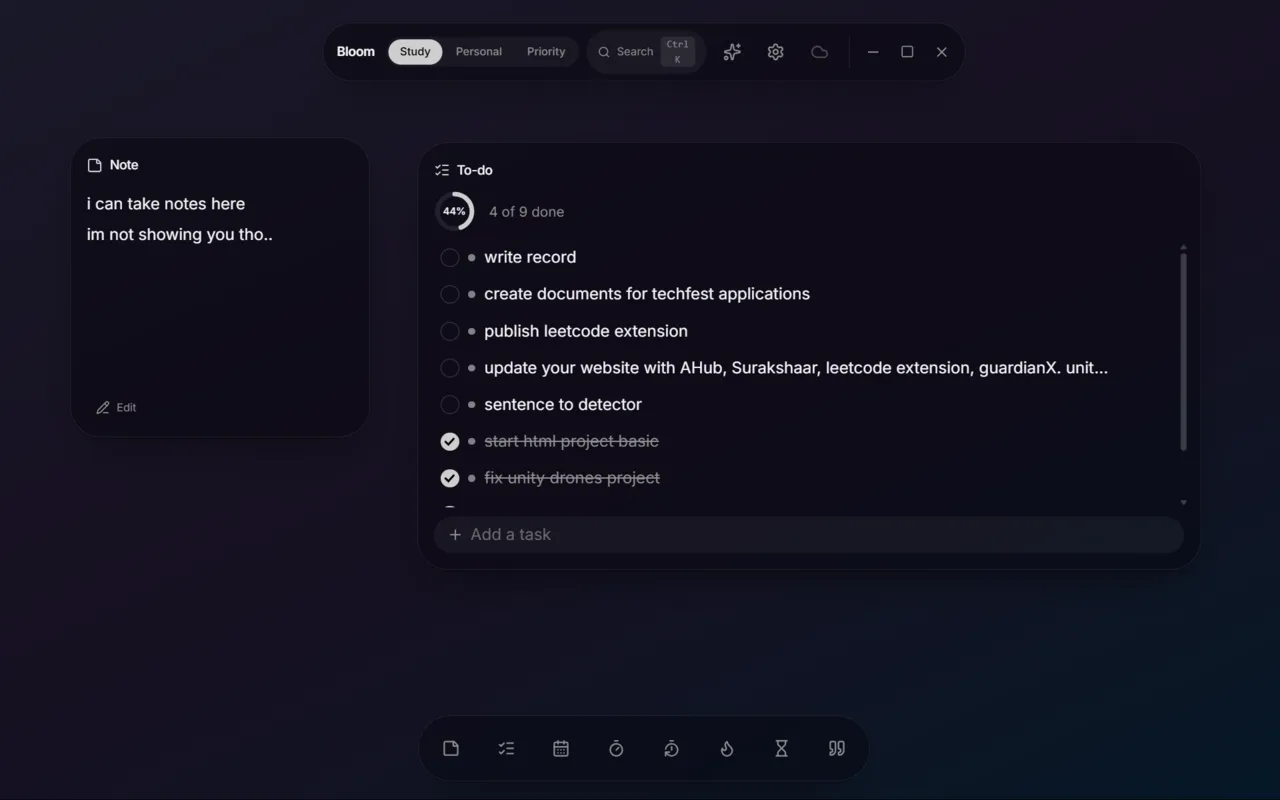 Bloom on desktop in its default dark theme: a sticky note and a to-do list on the canvas, with Study, Personal and Priority workspaces in the top bar and the widget dock below