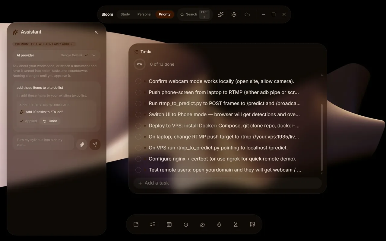The Bloom assistant, running on Google Gemini, after adding ten tasks to a to-do list, with Applied and Undo buttons