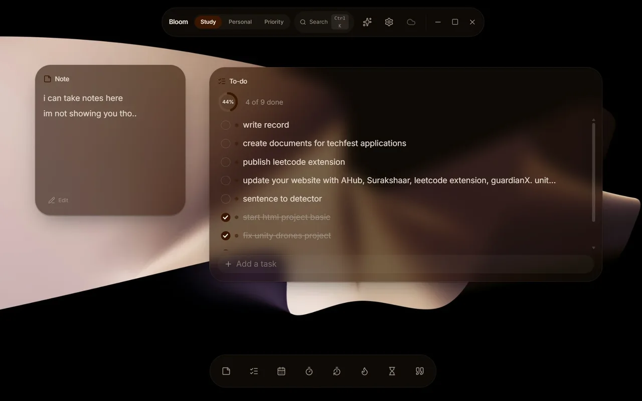 The same Bloom workspace with warm, translucent widgets themed from a cream and brown abstract wallpaper