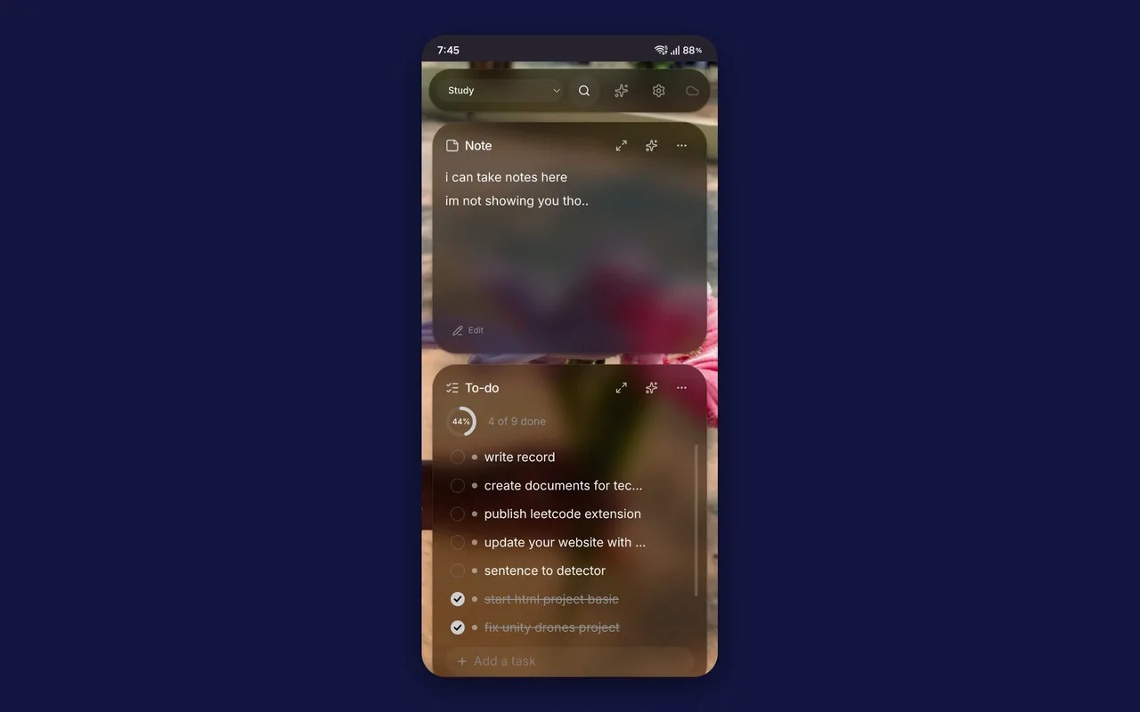 Bloom on an Android phone: the note and to-do widgets stacked in a single column over a photo wallpaper, with a workspace dropdown at the top