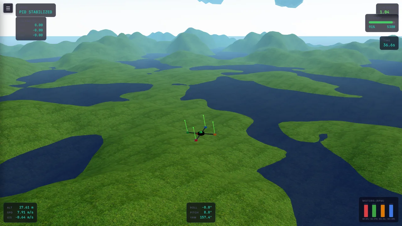 Chase-camera view of a quadcopter flying at 27 m over generated hills and lakes, with altitude, speed, attitude and per-motor RPM overlays