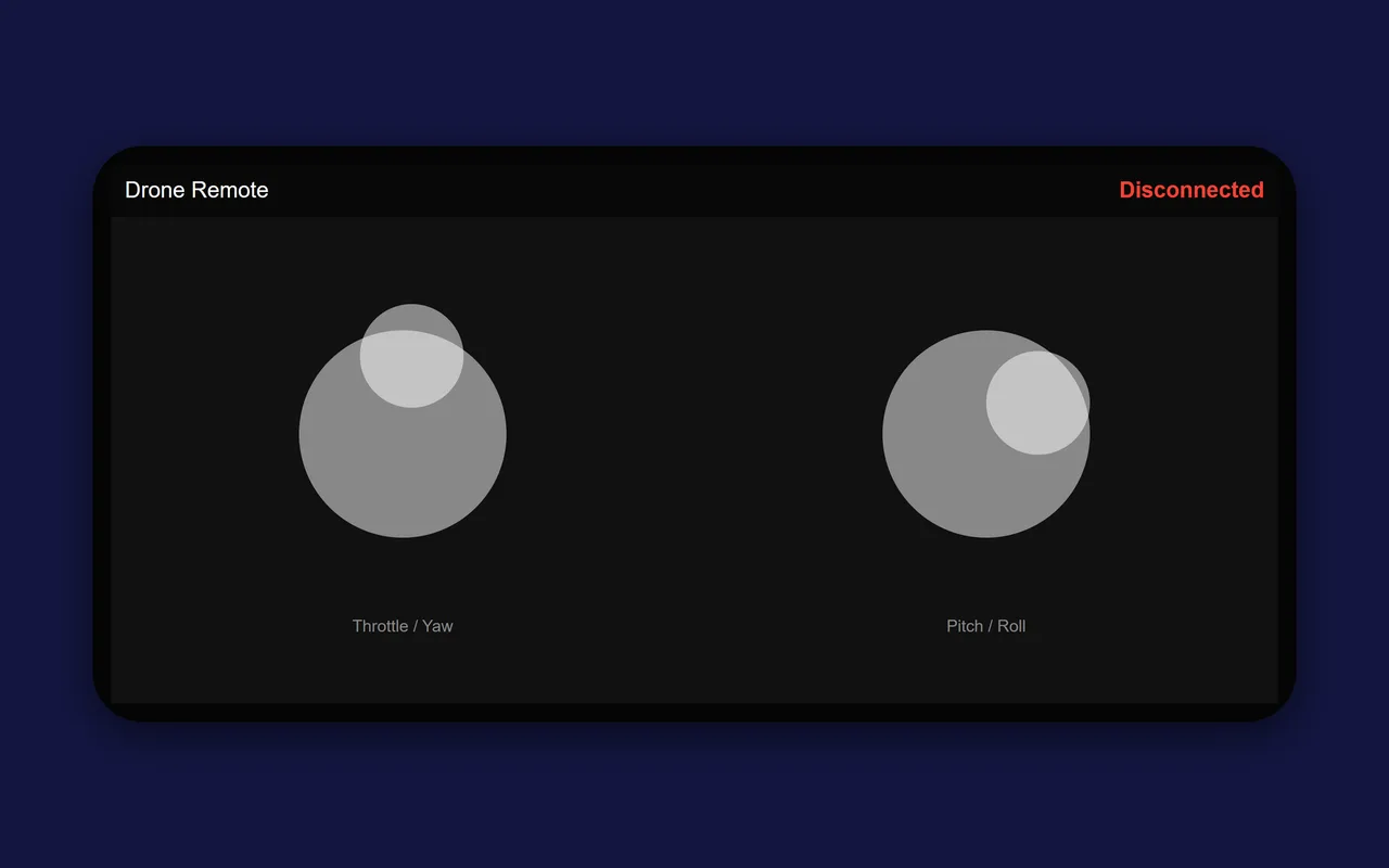 The phone remote in landscape: a Throttle/Yaw joystick on the left and a Pitch/Roll joystick on the right, both pushed