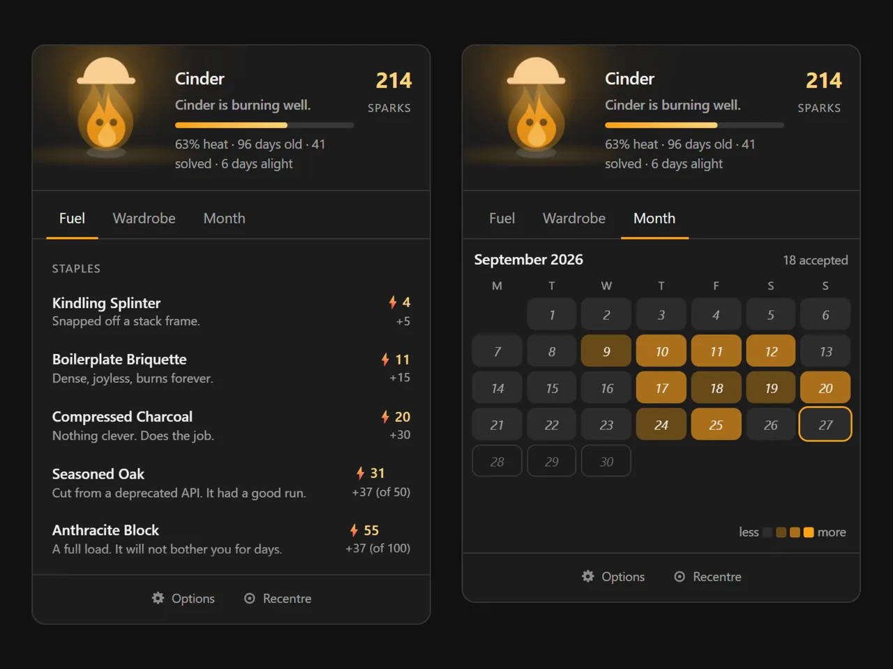 Ember’s popup showing the Fuel shop and the Month calendar of accepted solves