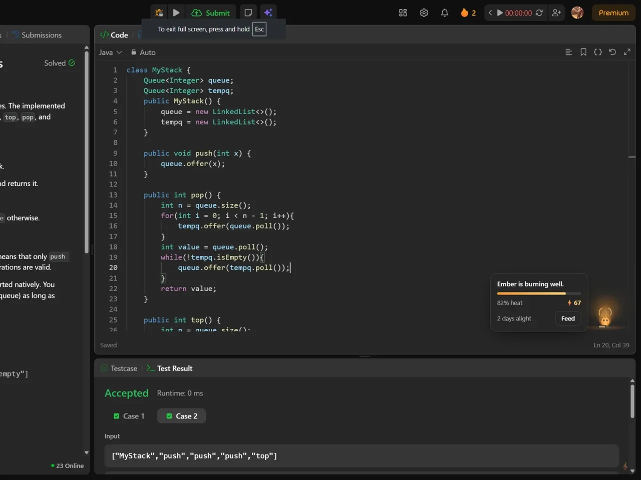A real LeetCode problem page after an Accepted solve, with Ember in the corner of the code pane and its card reading 82% heat, 67 sparks and 2 days alight