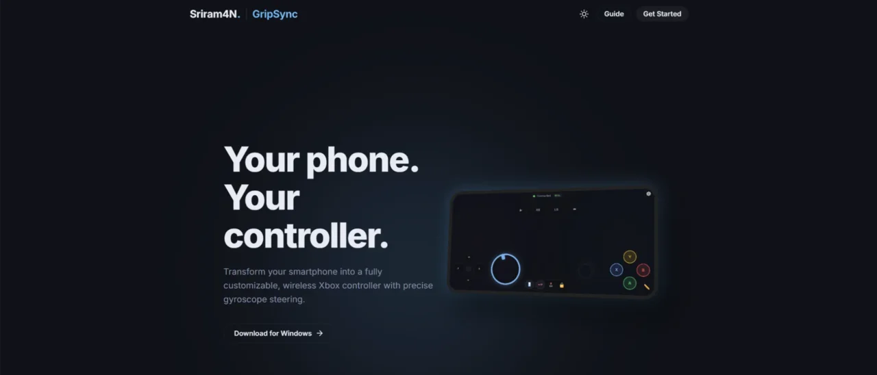 The GripSync landing page: 'Your phone. Your controller.' with a Download for Windows button beside a tilted phone showing the controller