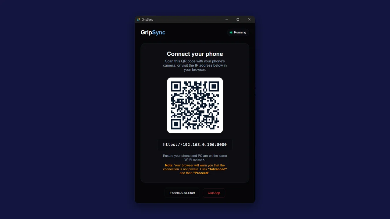 The GripSync Windows app, status Running, showing a QR code and a local HTTPS address to open on the phone, with Enable Auto-Start and Quit App buttons