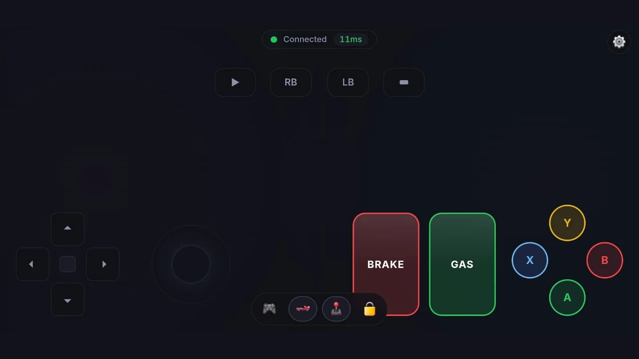 The controller in a phone browser in racing mode: a D-pad and left stick, red BRAKE and green GAS pedals, ABXY buttons, and a Connected 11 ms badge
