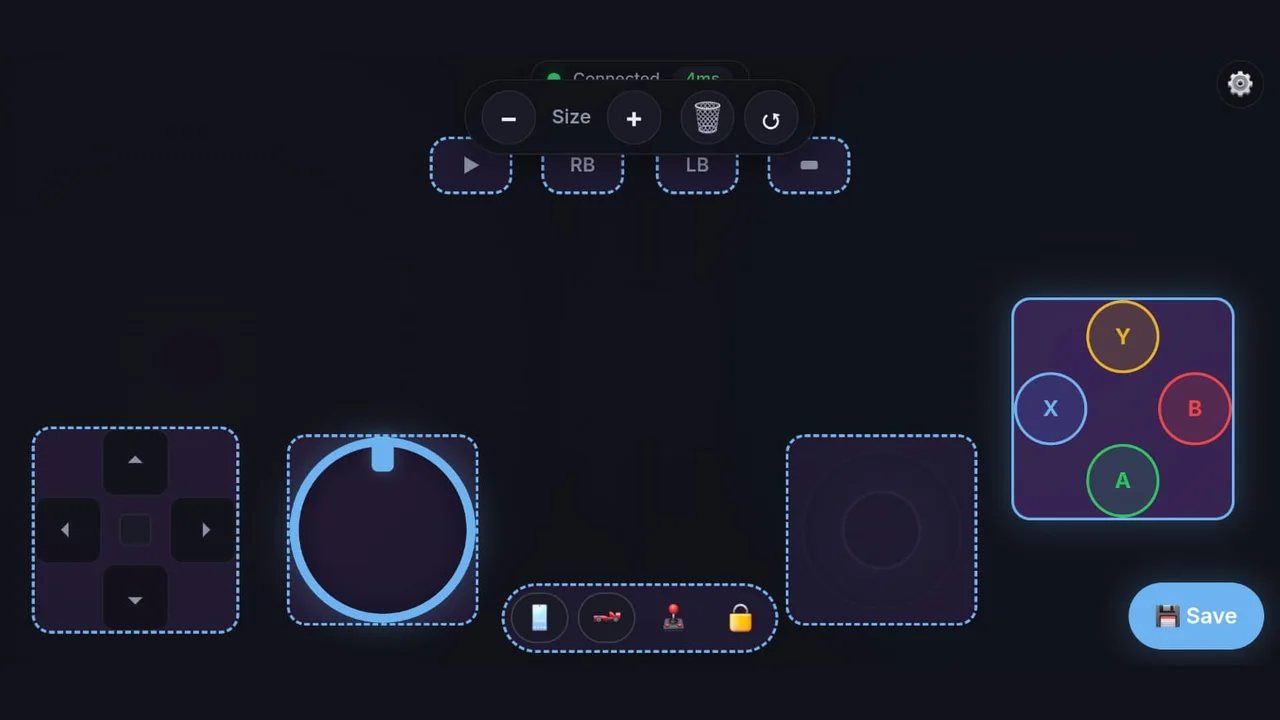 The layout editor: every control outlined with a dashed border, a Size minus and plus bar with delete and reset, and a Save button
