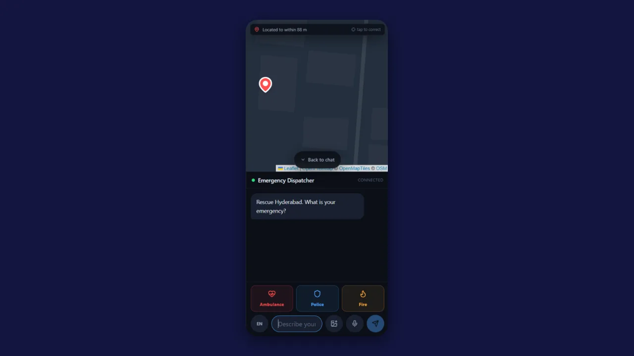 The citizen SOS screen: a map pin located to within 88 m, a chat with the emergency dispatcher, and Ambulance, Police and Fire buttons