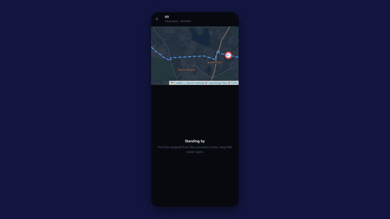 The responder app for ambulance U3: its route on a map and a Standing by screen waiting for an assignment from the command centre