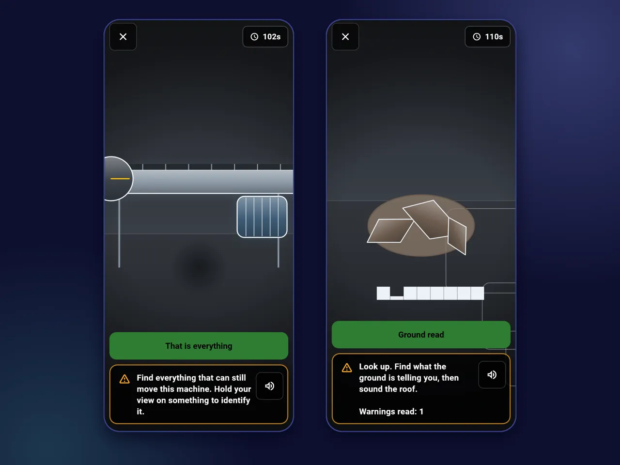 Two SurakshaAR drill screens: a machine lockout drill and a roof-fall drill, each with a spoken prompt