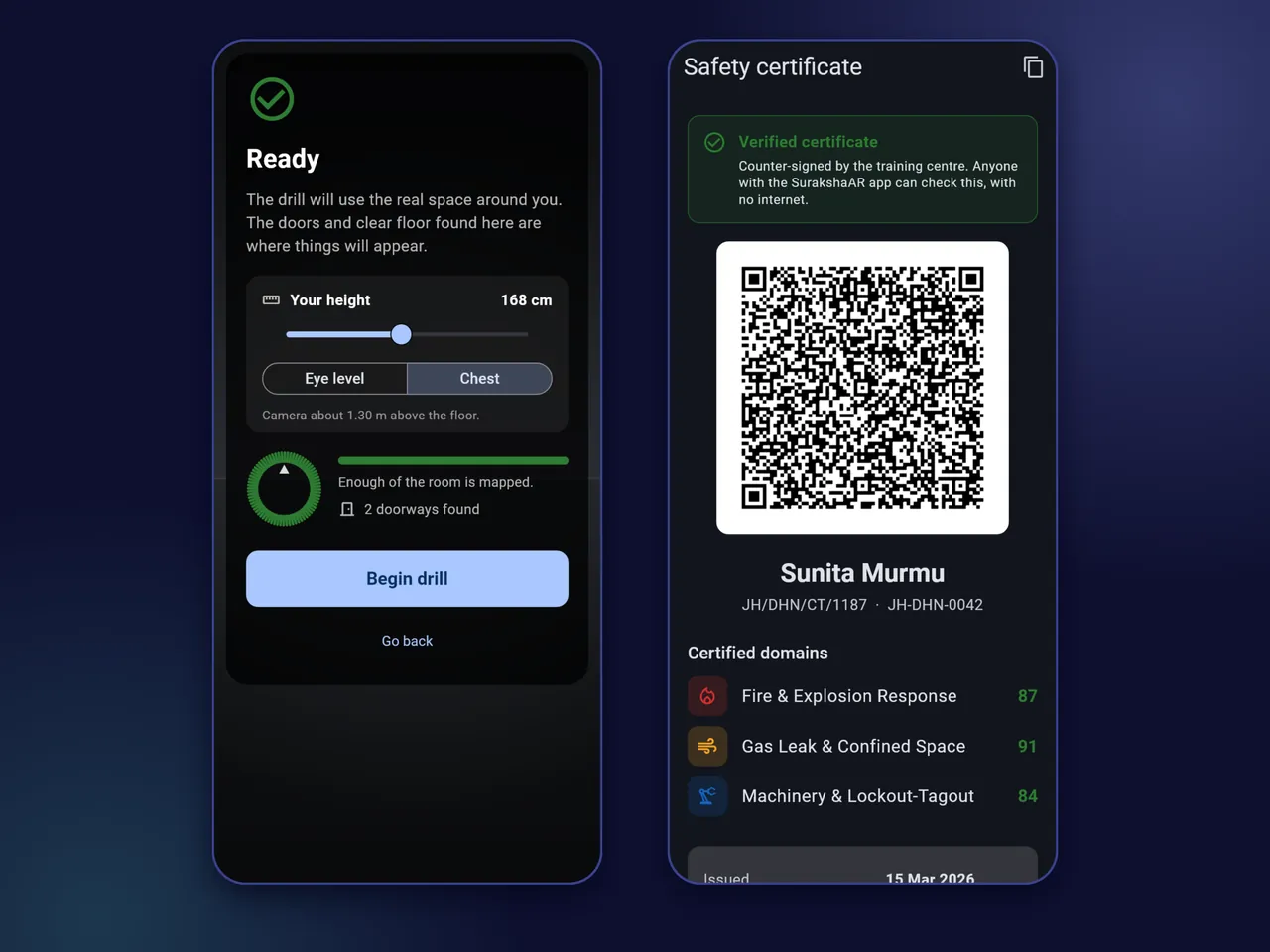 The SurakshaAR room-scan screen and a verified safety certificate with a QR code